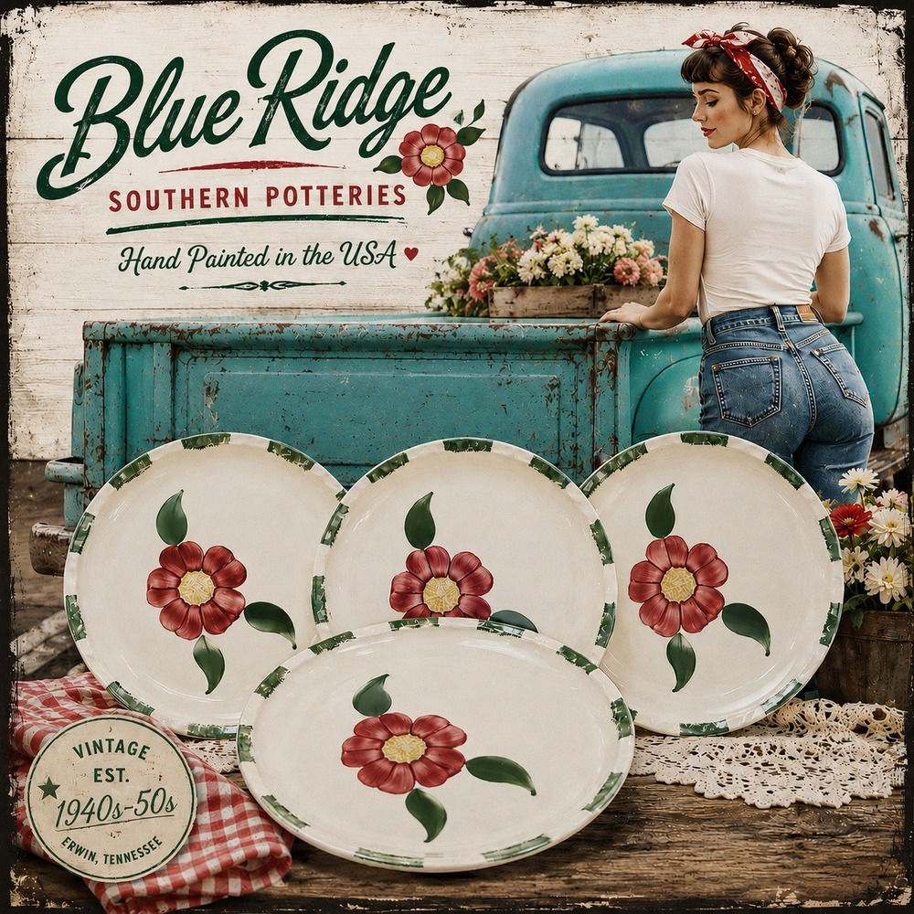 Blue Ridge‎ Southern Potteries Hand Painted Red Floral Luncheon 4 Set Plates USA